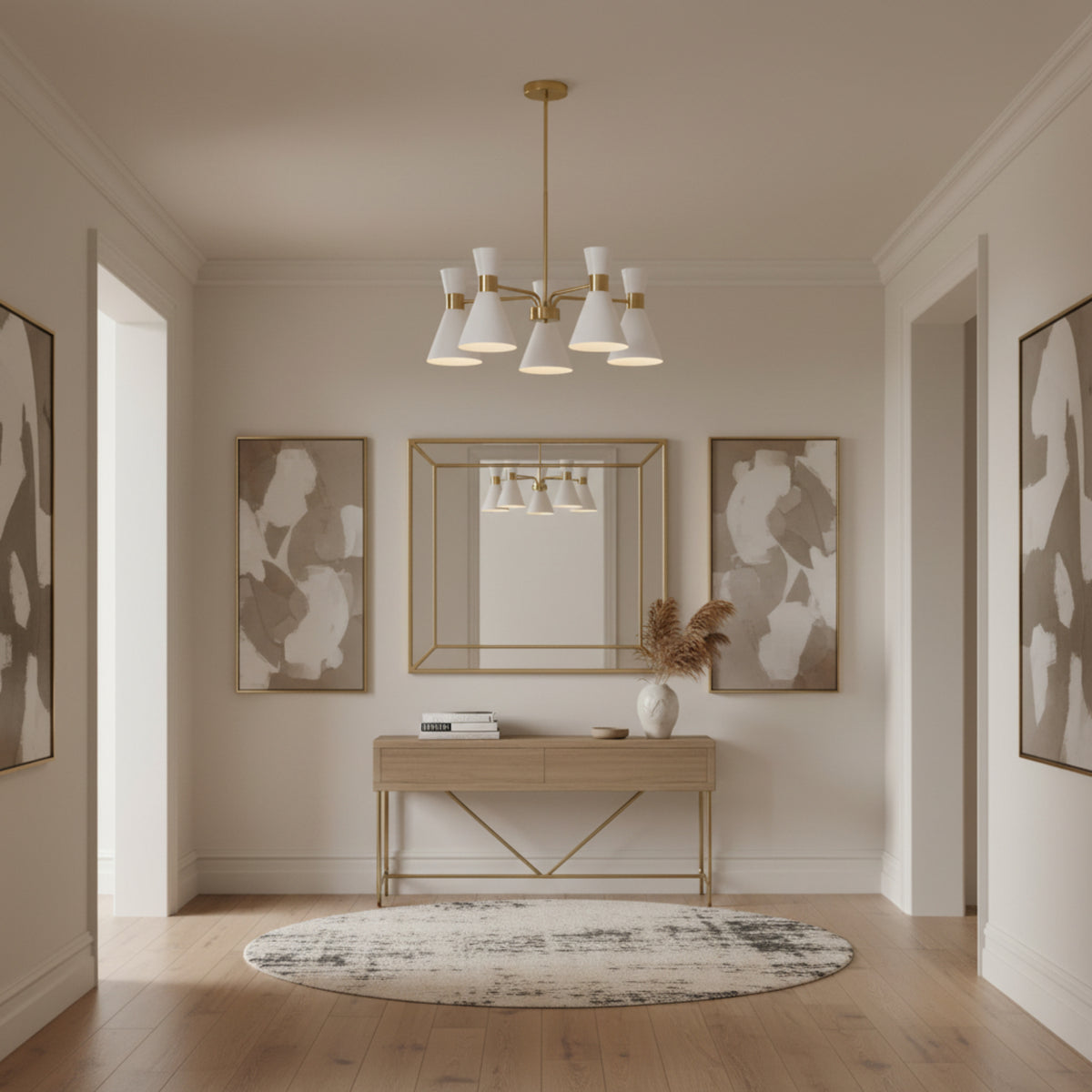 Paros 5 light white double cone chandelier with satin brass frame, round ceiling canopy and slim suspension rod.