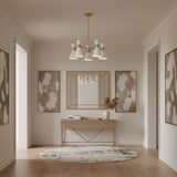 Paros 5 light white double cone chandelier with satin brass frame, round ceiling canopy and slim suspension rod.