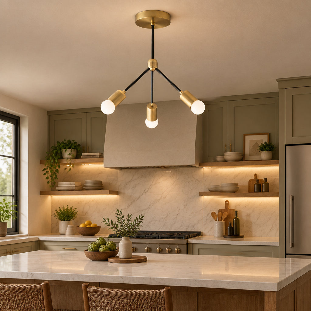 Paros 3 light Mid-Century Modern chandelier with black branching arms, brass-tone holders and exposed globe bulbs shown from the front.