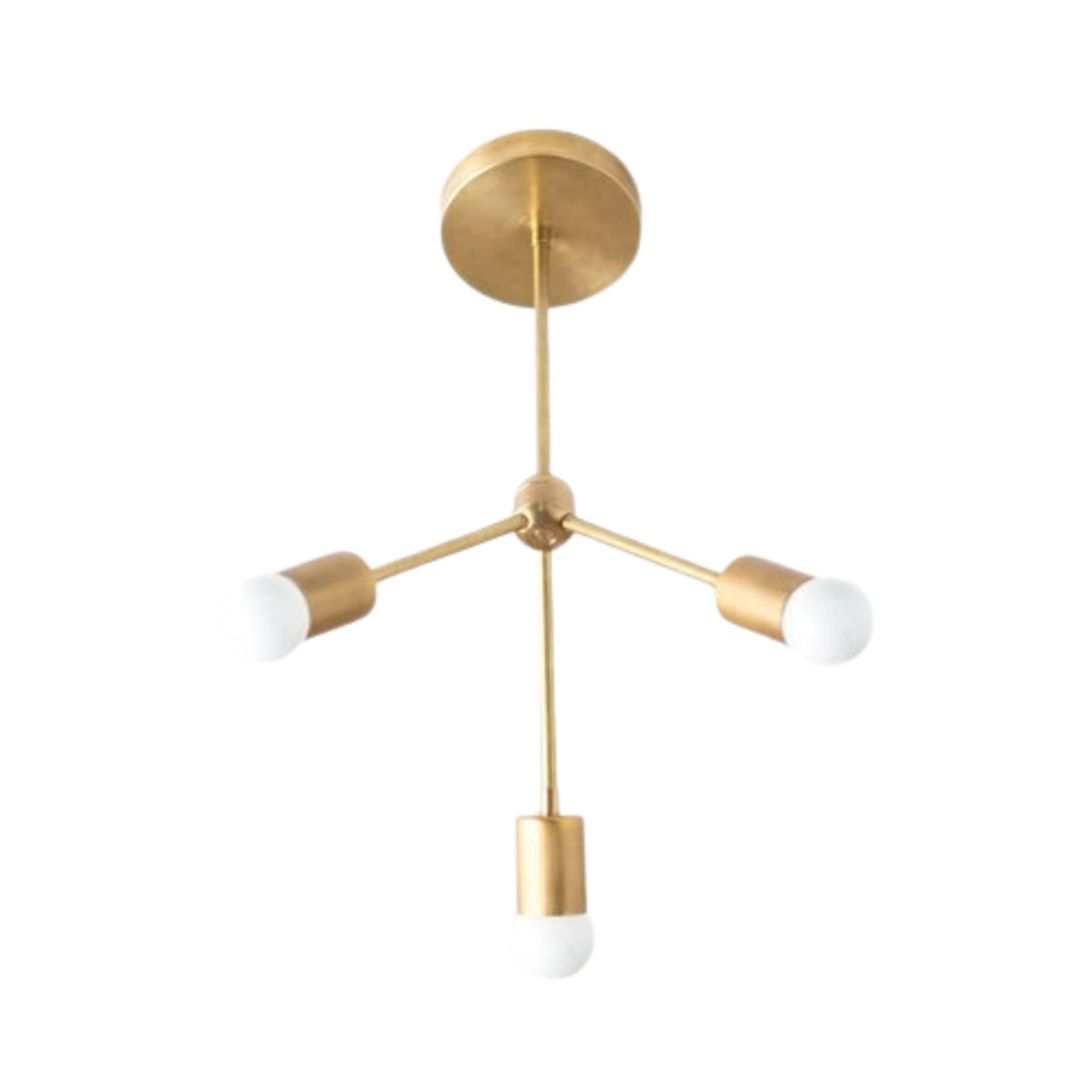 Paros 3 light brass chandelier shown from a lower angled view with minimalist branching arms and exposed globe bulbs.