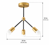 Paros 3 light black and brass chandelier dimension view showing 14 inch width and 14 inch overall height.