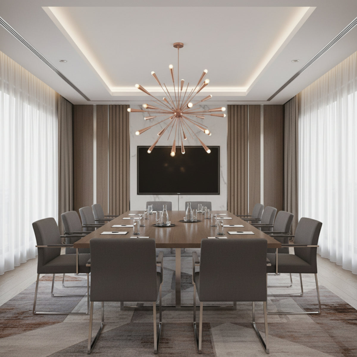 Pasadena 24 light starburst chandelier shown from an angled view highlighting elongated tapered holders and multi-directional arms.