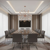 Pasadena 24 light starburst chandelier shown from an angled view highlighting elongated tapered holders and multi-directional arms.