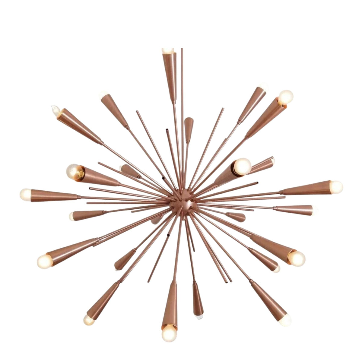 Pasadena 24 light sculptural chandelier shown in a close-up view highlighting its rose gold tapered holders and dramatic starburst construction.