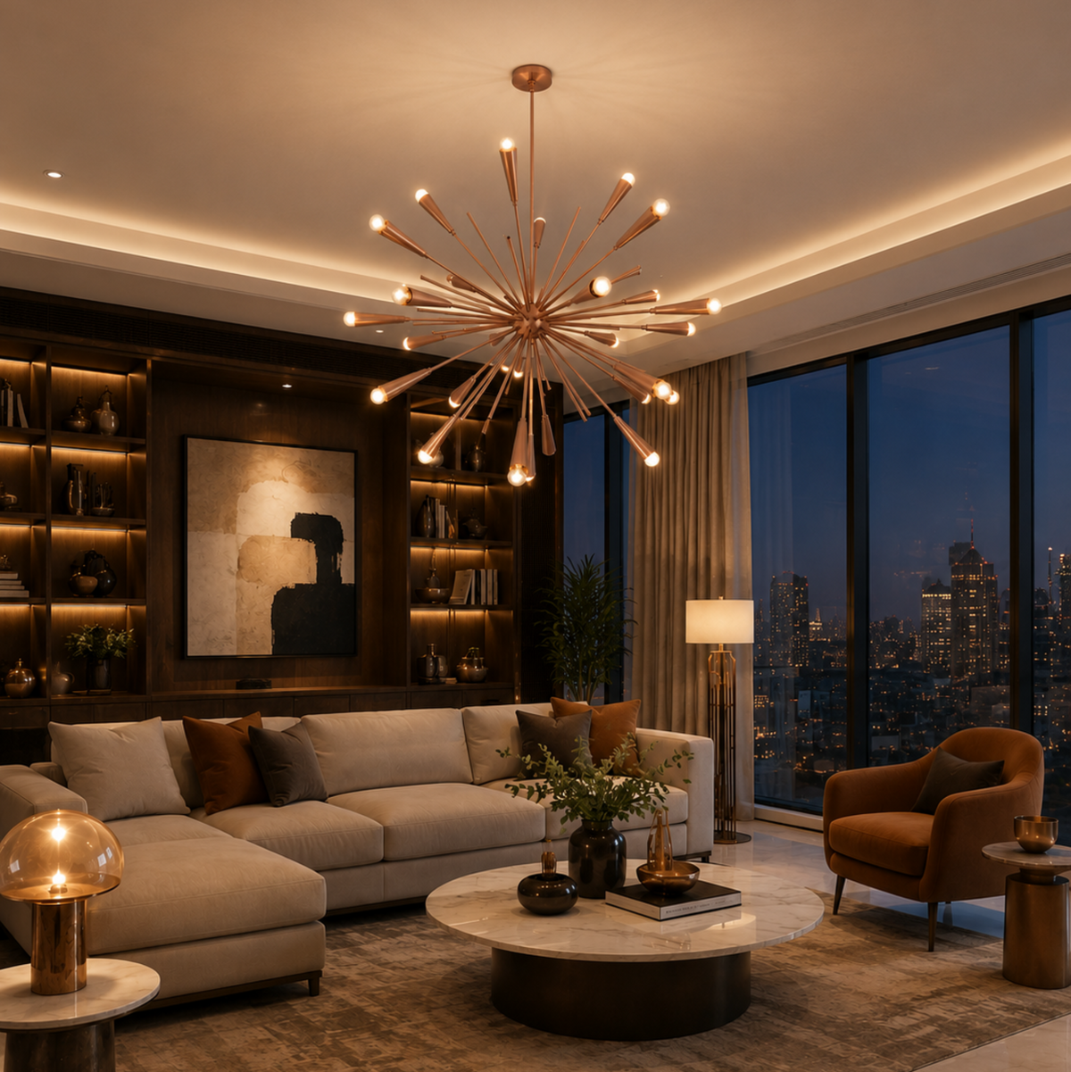 Pasadena 24 light rose gold starburst Sputnik chandelier illuminated in a sophisticated contemporary living room with warm ambient lighting.