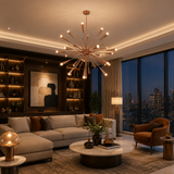 Pasadena 24 light rose gold starburst Sputnik chandelier illuminated in a sophisticated contemporary living room with warm ambient lighting.