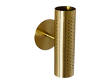 Angled view of brushed brass perforated cylinder wall sconce with round backplate on a white background.
