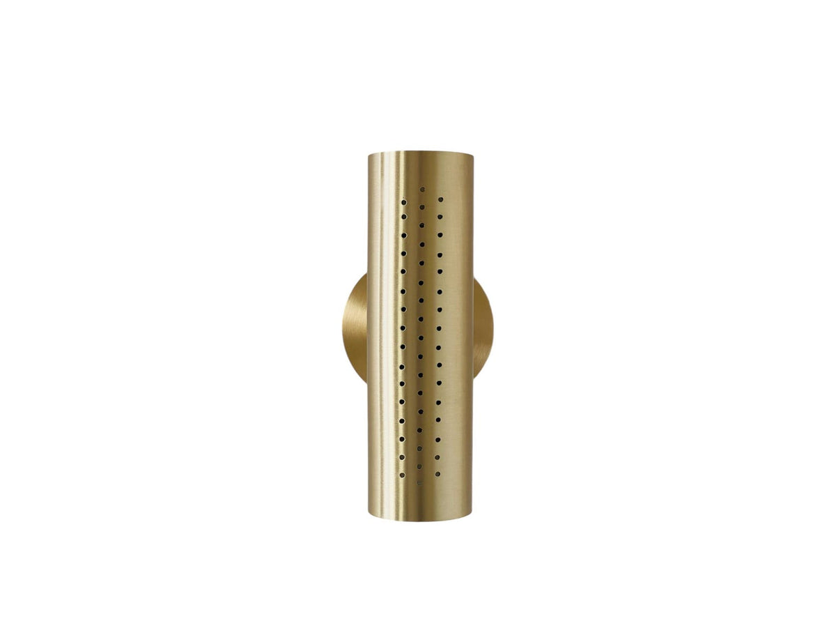 Centered front view of perforated brass cylinder wall sconce on a white background.