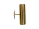 Side profile of perforated brass cylinder wall sconce showing the arm and round wall backplate on a white background.