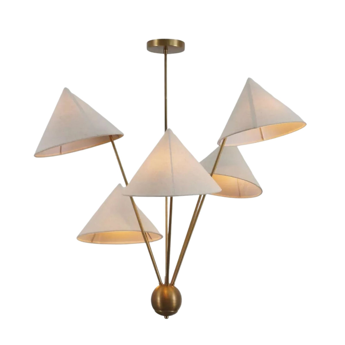 Perth 5 light cream cone shade chandelier shown illuminated from an alternate angle highlighting its multi-level sculptural arrangement.