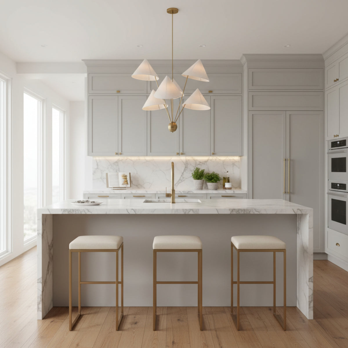 Perth 5 light Mid-Century chandelier shown from an angled view with asymmetrical cream cone shades, brass-tone arms, and spherical lower hub.