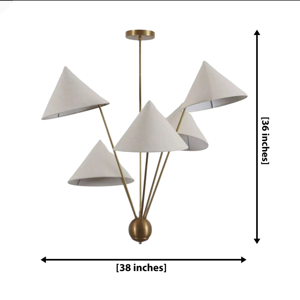 Perth 5 light sculptural chandelier dimension view showing 38 inch width and 36 inch overall height with cream cone shades and brass-tone frame.