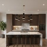 Portland 12 light sculptural chandelier shown from an angled view highlighting black perforated double-cone shades and slender metallic arms.