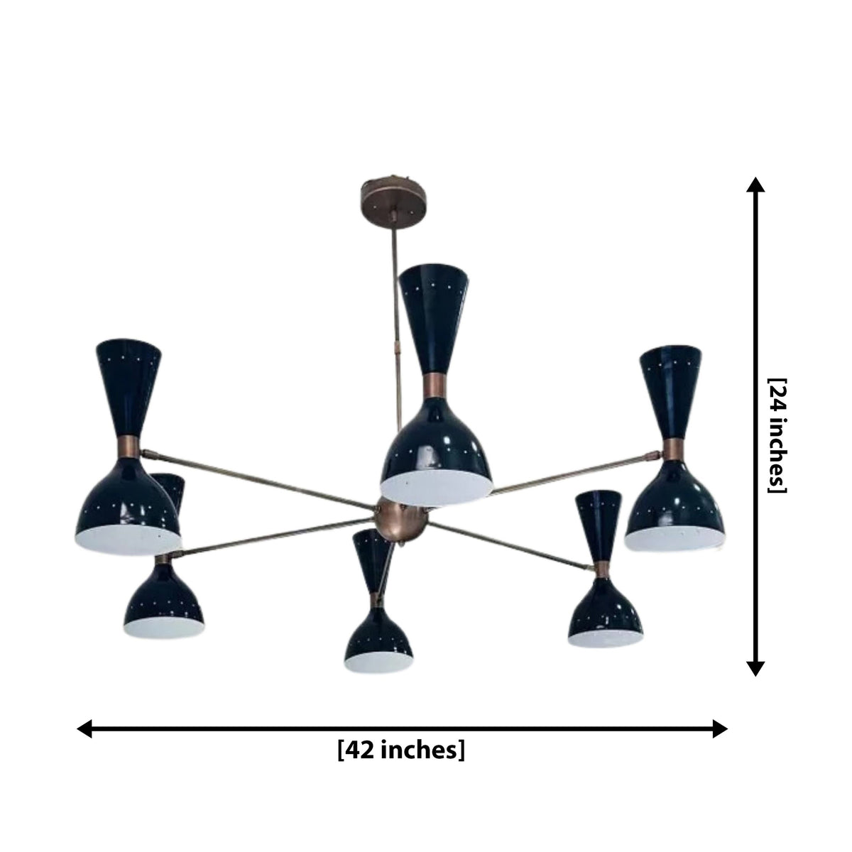 Portland 12 light black double-cone chandelier dimension view showing 42 inch width and 24 inch overall height.