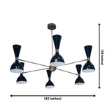 Portland 12 light black double-cone chandelier dimension view showing 42 inch width and 24 inch overall height.