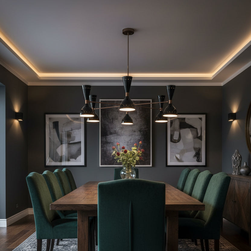 Portland 12 light Mid-Century Modern chandelier shown from the front with black double-cone shades and warm metallic radial arms.