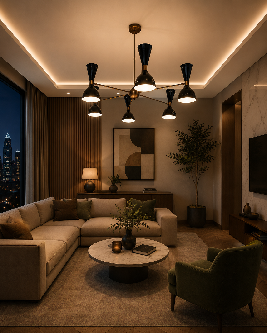Portland 12 light black double-cone chandelier illuminated in a contemporary living room with warm ambient lighting.