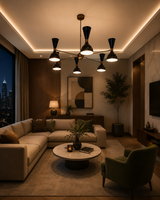 Portland 12 light black double-cone chandelier illuminated in a contemporary living room with warm ambient lighting.
