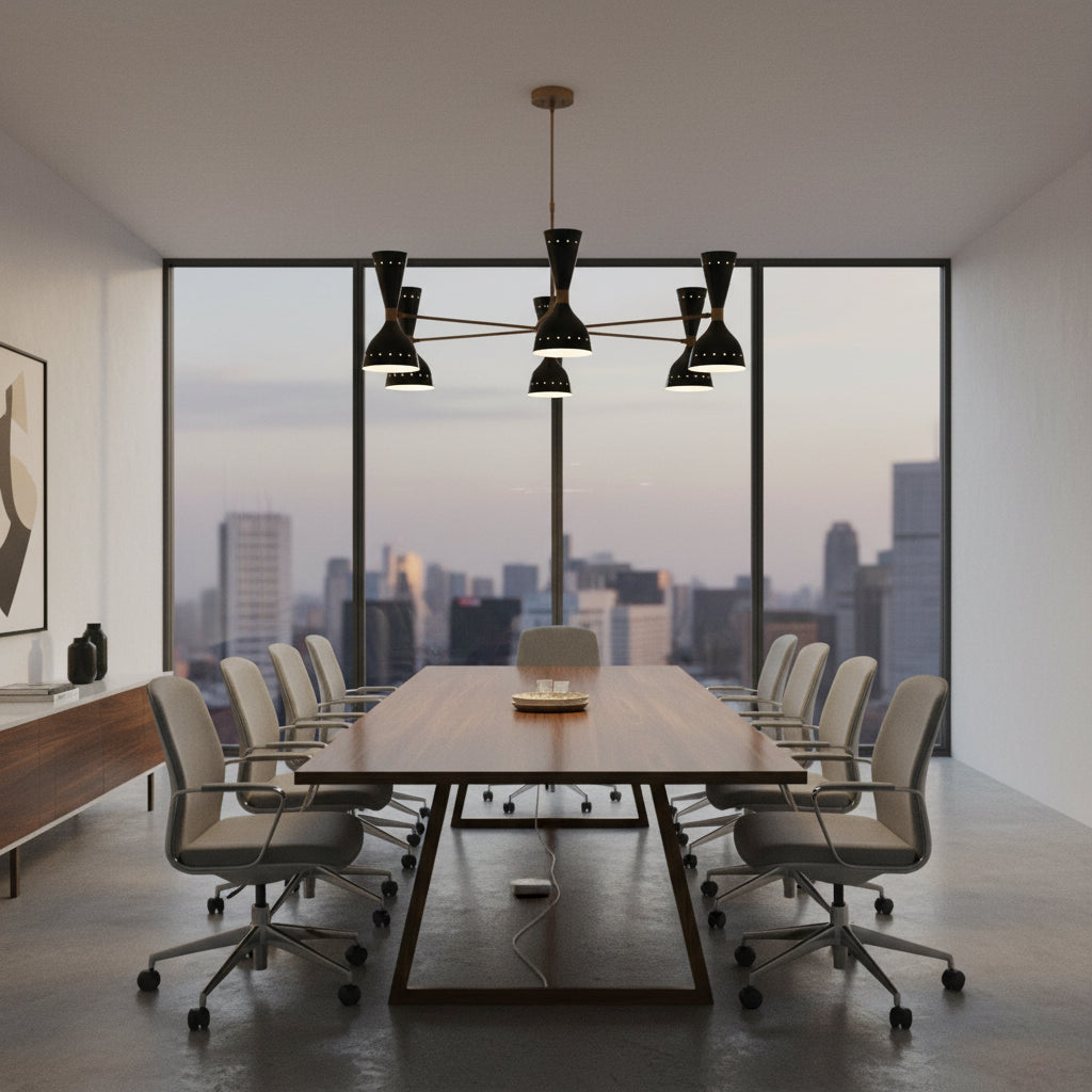 Portland 12 light black chandelier shown from a side angle highlighting its varied shade sizes and sculptural starburst arrangement.