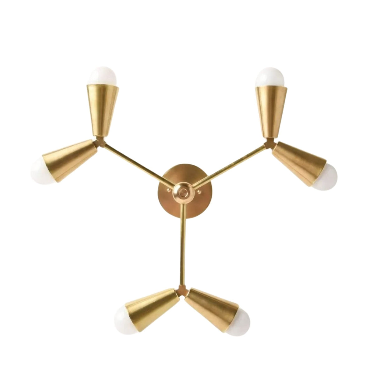 Porto 6 light brass-tone chandelier shown from below highlighting the sculptural cone holders and balanced multi-arm arrangement.
