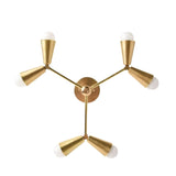 Porto 6 light brass-tone chandelier shown from below highlighting the sculptural cone holders and balanced multi-arm arrangement.