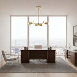 Porto 6 light Mid-Century Modern chandelier shown from an alternate front view with sculptural brass-tone cone holders and exposed bulbs.