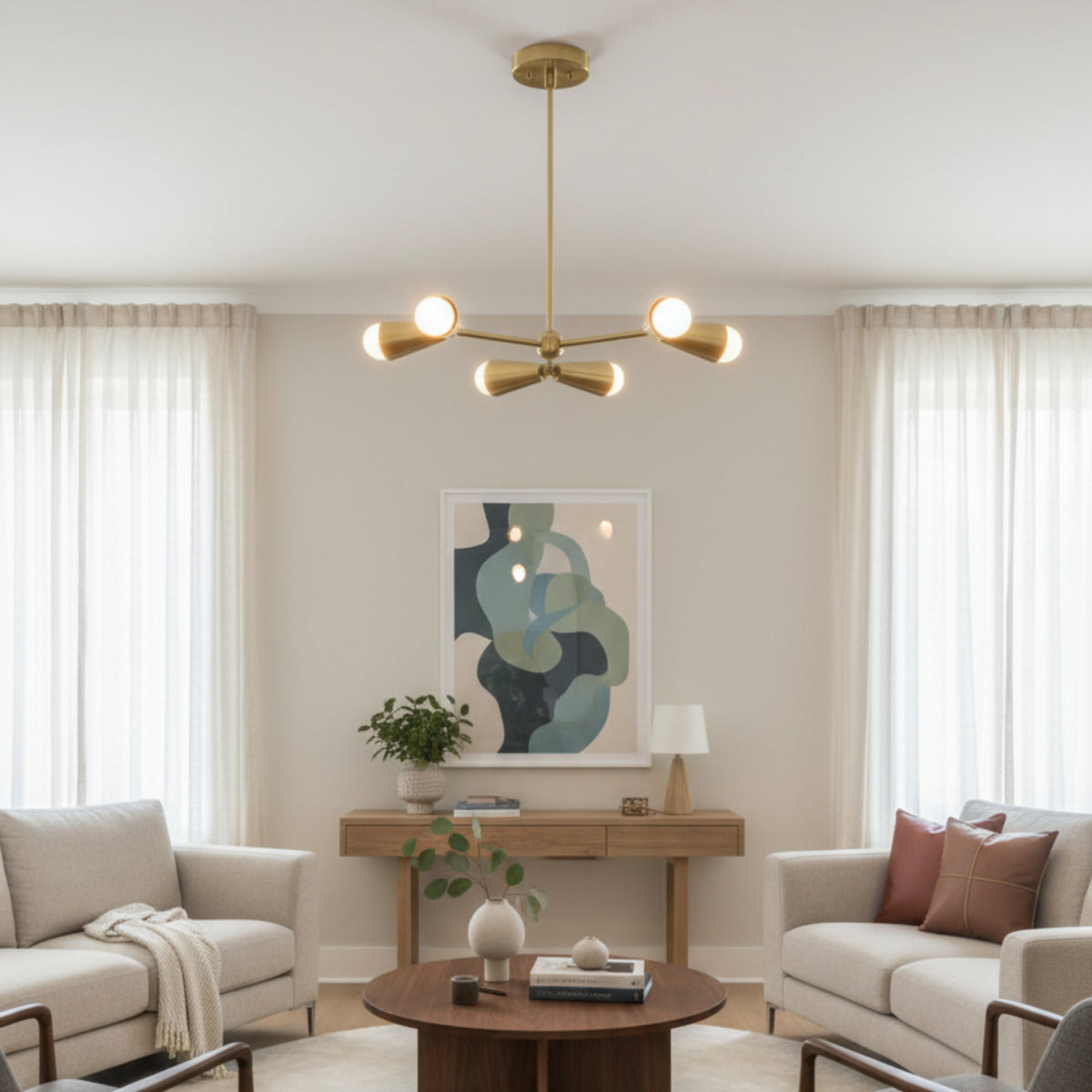 Porto 6 light Mid-Century Modern chandelier shown from the front with warm brass-tone cone holders, branching arms, and exposed bulbs.