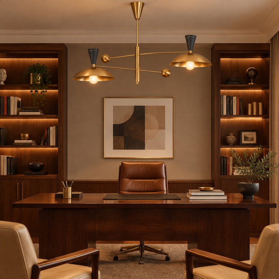 Front view of Portofino 2-light Mid-Century Modern chandelier with wide brass dome shades, exposed bulbs, black cone holders, and horizontal balance arms.