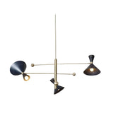 Portofino 3 light Mid-Century Modern chandelier featuring black perforated cone shades and a sculptural brass multi-arm frame.