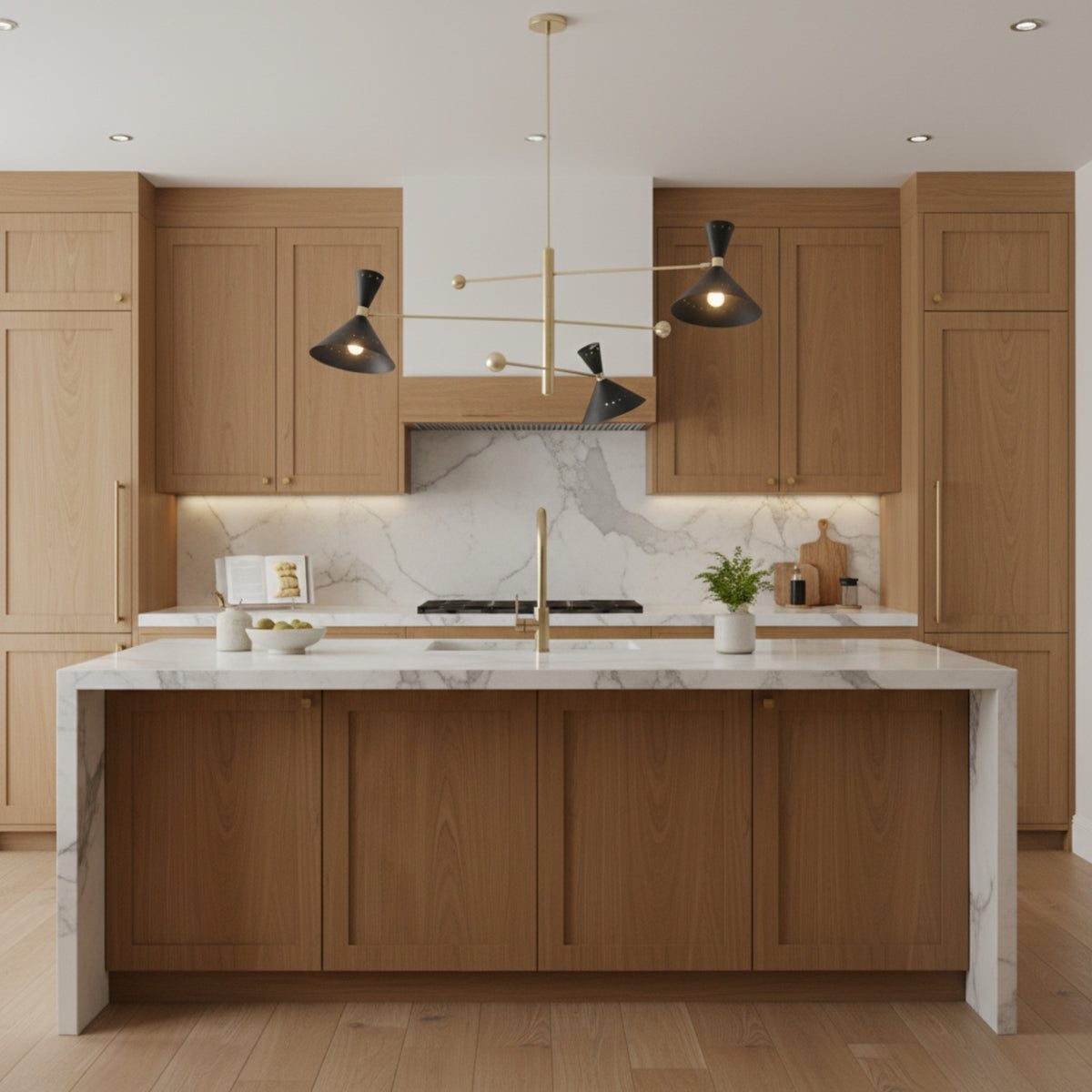 Portofino 3 light brass chandelier shown from an angled view with black perforated cone shades and exposed globe bulbs.