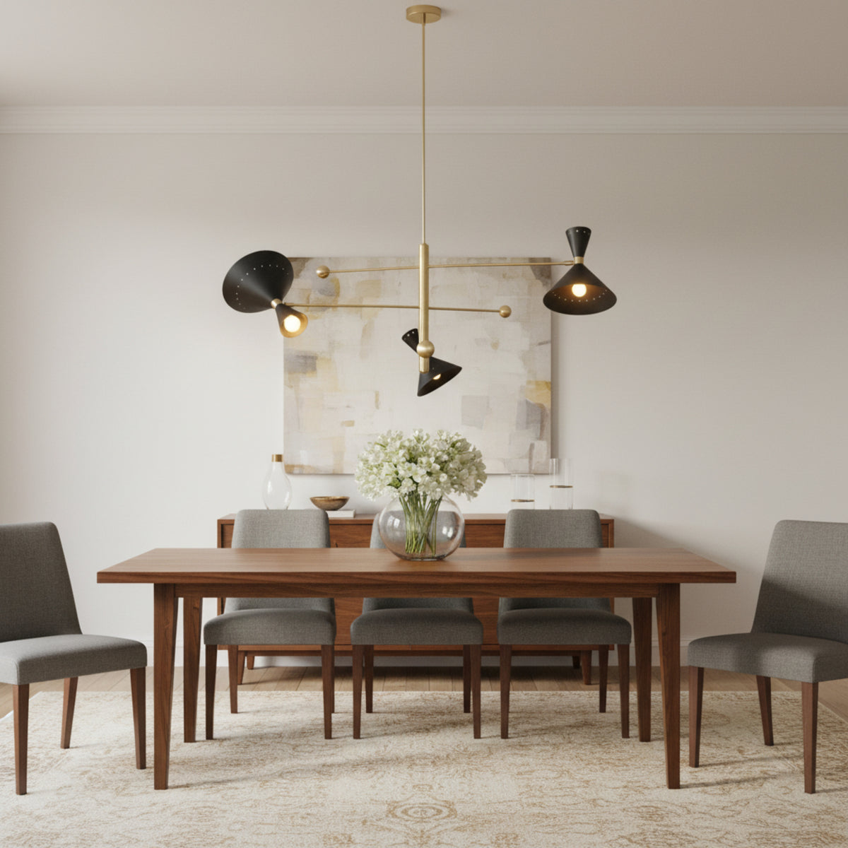 Portofino 3 light black perforated cone chandelier with brass finish shown from the front with illuminated bulbs.