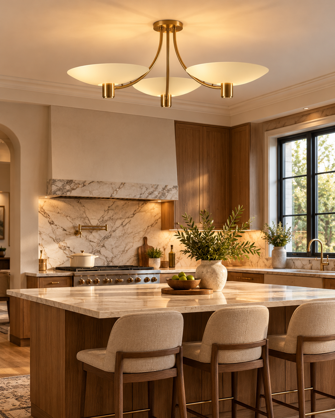 Positano 3-light brass and ivory semi-flush chandelier above a marble kitchen island, surrounded by walnut cabinetry, upholstered counter stools, and warm contemporary lighting.