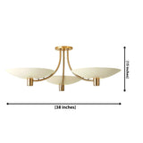 Dimension view of the Positano 3-light ivory bowl chandelier showing its 38-inch width and 15-inch overall height, with a brass-tone curved frame and semi-flush ceiling mount.