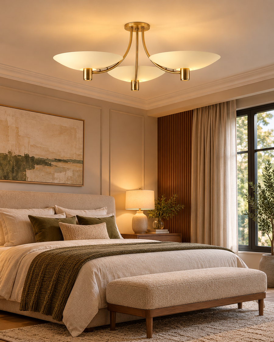 Positano 3-light Mid-Century Modern chandelier featuring ivory saucer shades and curved brass arms above a luxurious neutral bedroom with cream bedding, walnut accents, and warm ambient lighting.