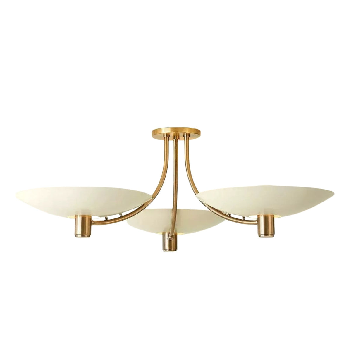 Front view of the Positano 3-light Mid-Century Modern chandelier featuring three wide ivory bowl shades, gracefully curved brass-tone arms, and a round ceiling canopy.