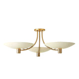 Front view of the Positano 3-light Mid-Century Modern chandelier featuring three wide ivory bowl shades, gracefully curved brass-tone arms, and a round ceiling canopy.