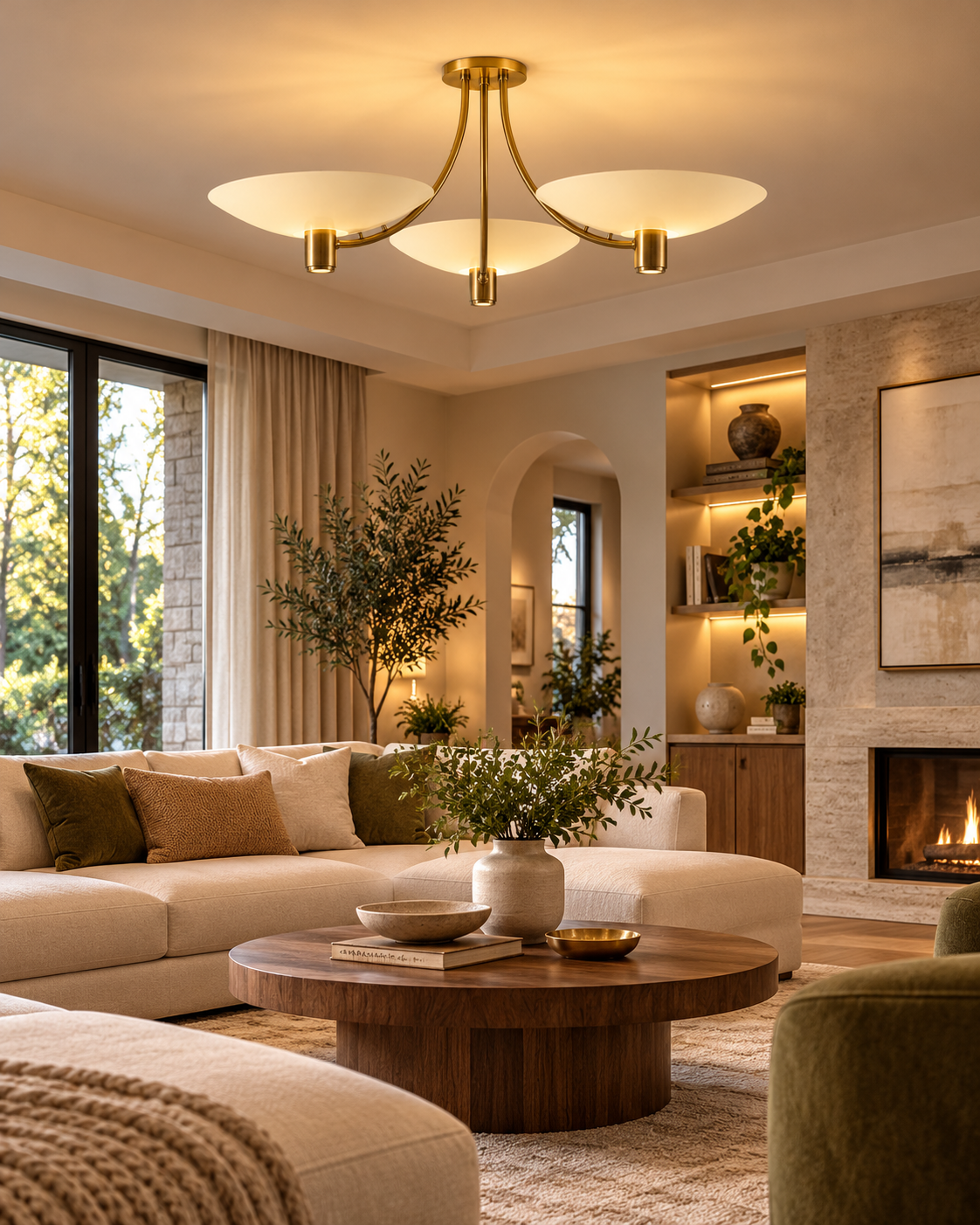 Positano 3-light ivory bowl chandelier illuminating a warm modern living room with a cream sectional sofa, round walnut coffee table, fireplace, and elegant neutral decor.