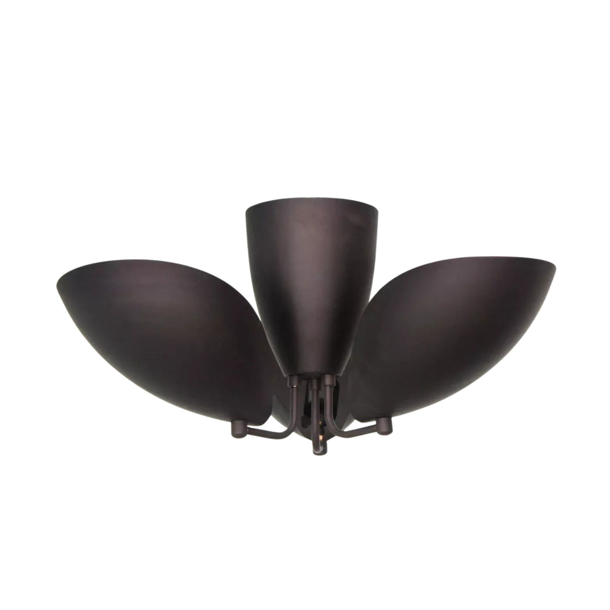 Positano 3 light dark metal petal chandelier shown from an angled view highlighting its curved sculptural shades.