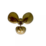Positano 3 light brass-tone petal chandelier shown from below highlighting the three sculptural curved shades.