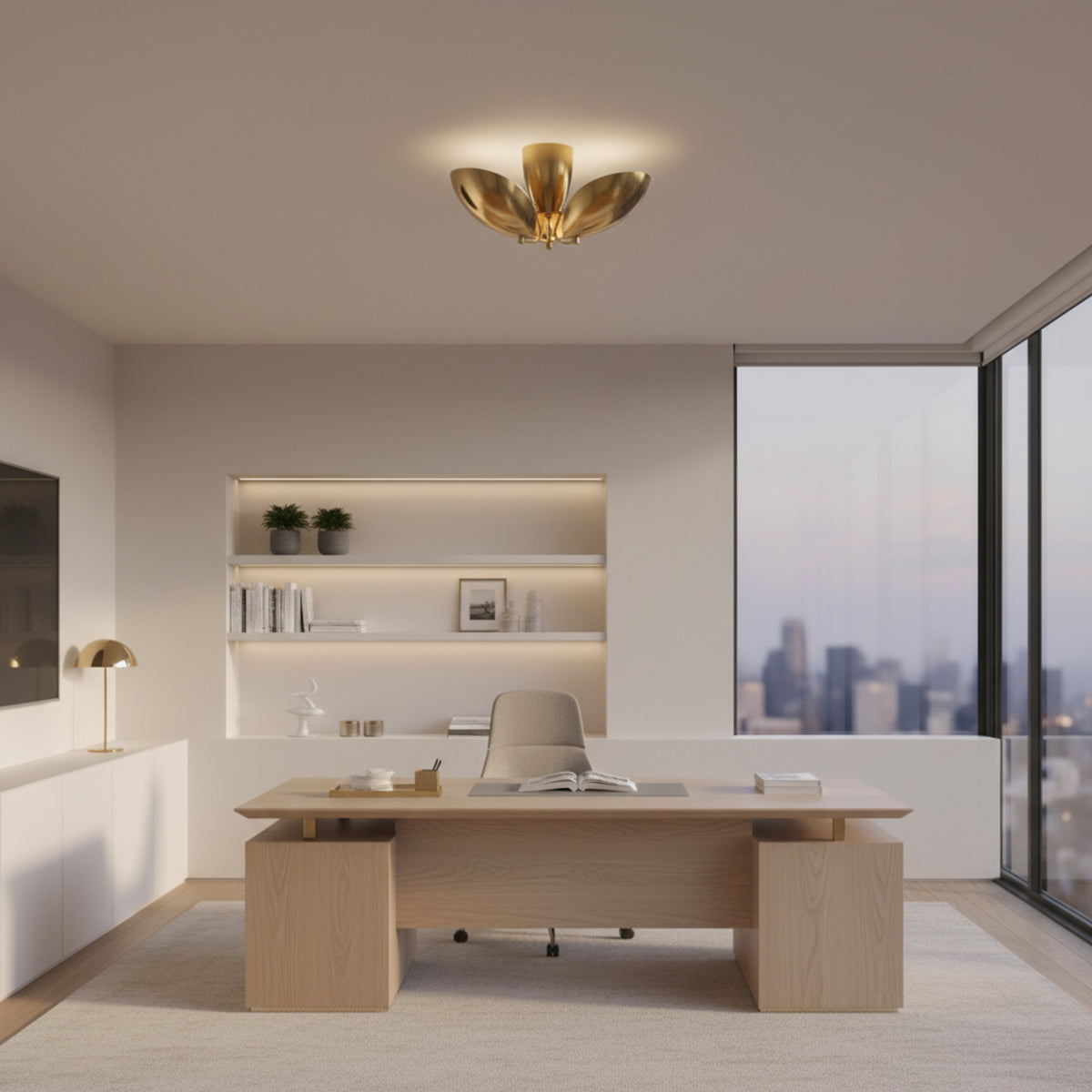Positano 3 light sculptural petal chandelier shown in a polished brass-tone finish from an angled view.
