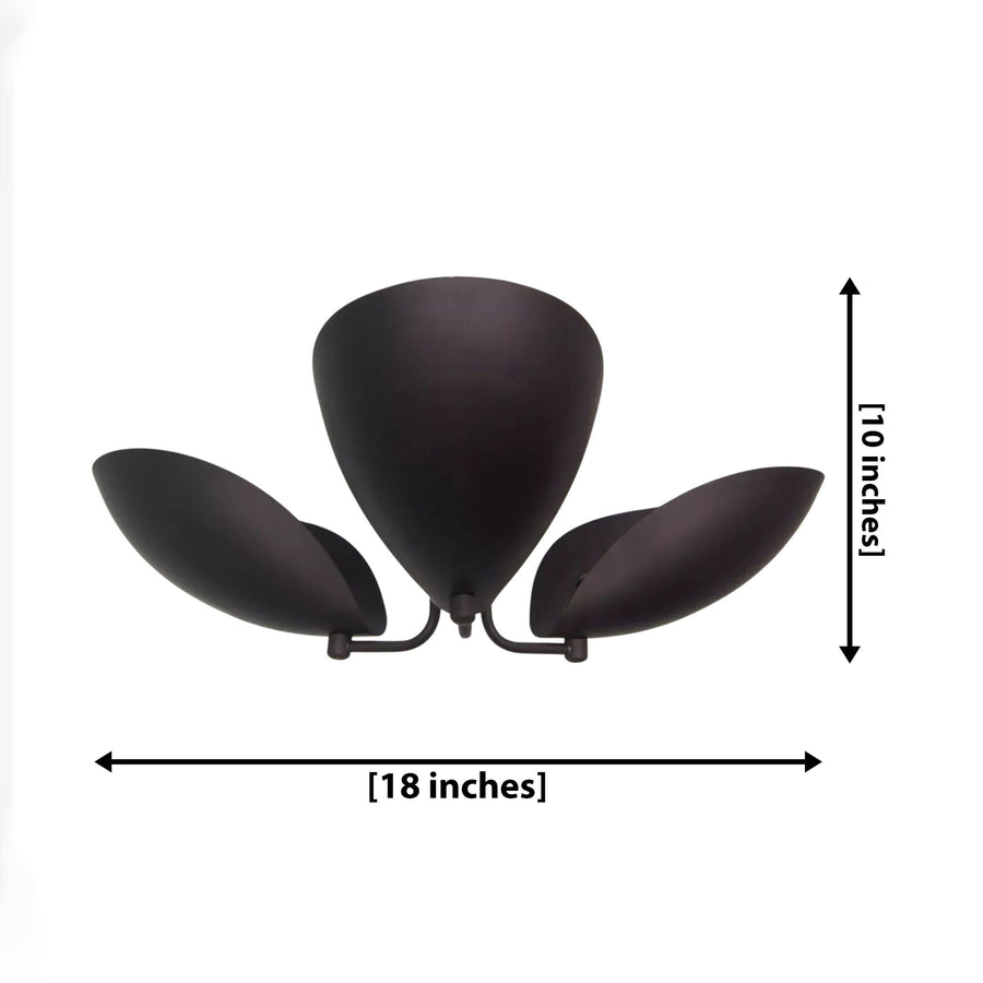 Positano 3 light dark metal sculptural petal chandelier shown from the front on a white background.
