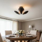 Positano 3 light dark metal sculptural petal chandelier shown from the front on a white background.