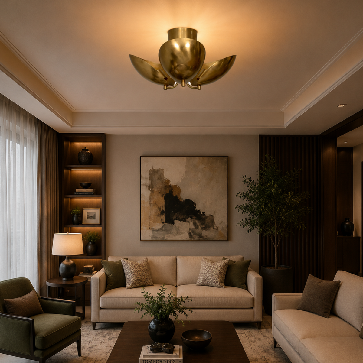 Positano 3 light sculptural petal chandelier shown installed on the ceiling in an elegant modern living room.
