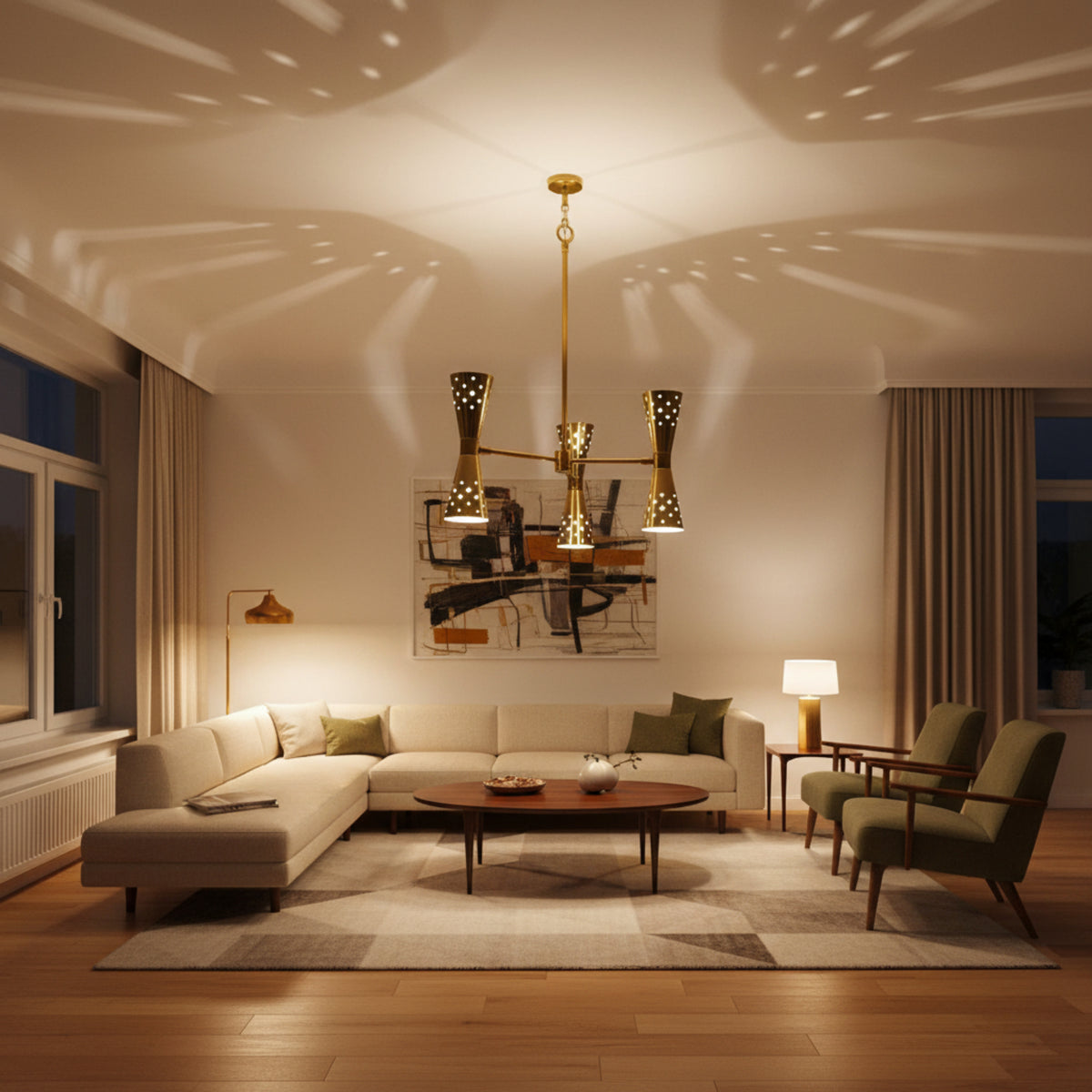 Prague 6 light aged brass perforated cone chandelier shown from an angled view with sculptural double cone shades.