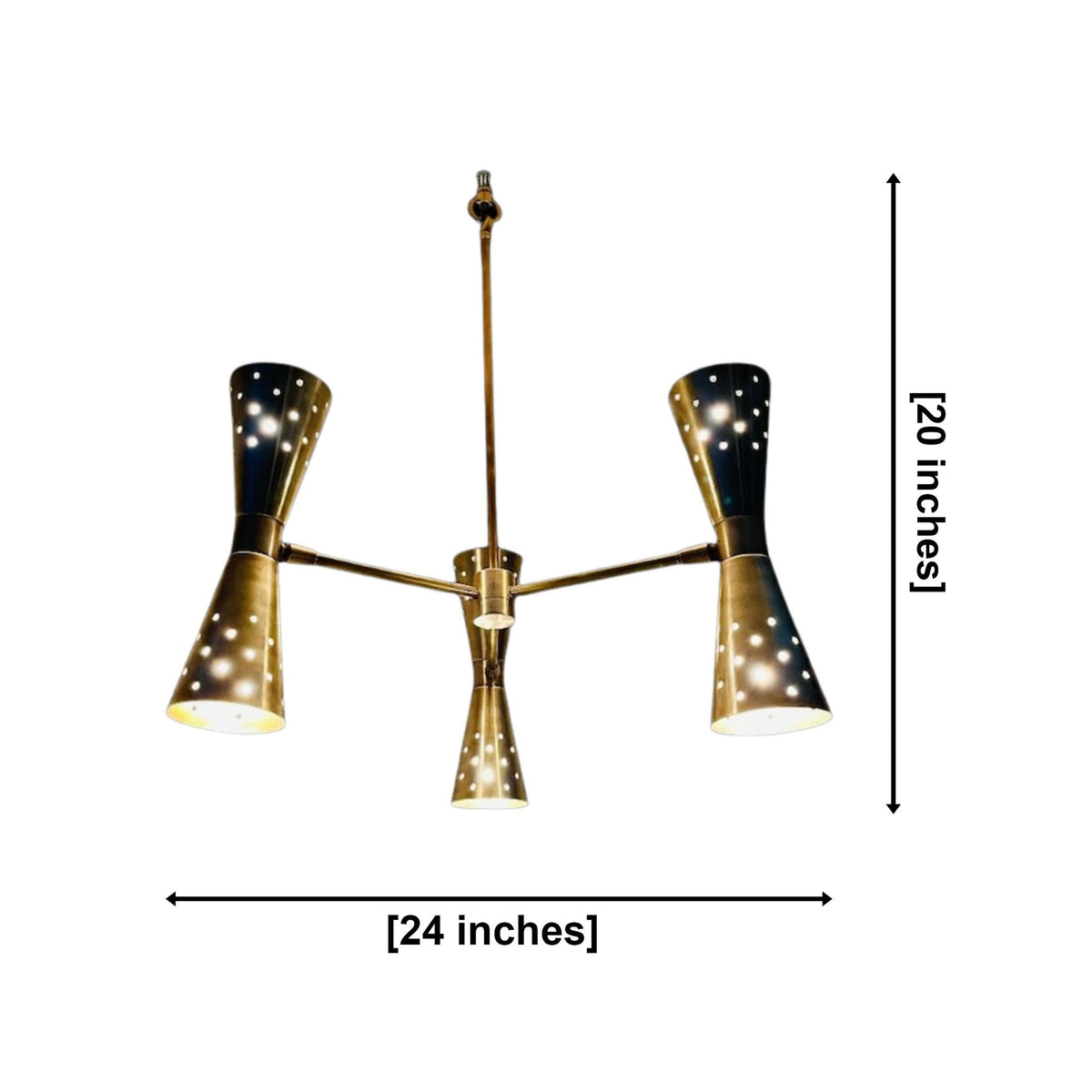 Prague 6 light perforated cone chandelier dimension view showing 24 inch width and 20 inch overall height.