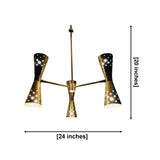 Prague 6 light perforated cone chandelier dimension view showing 24 inch width and 20 inch overall height.