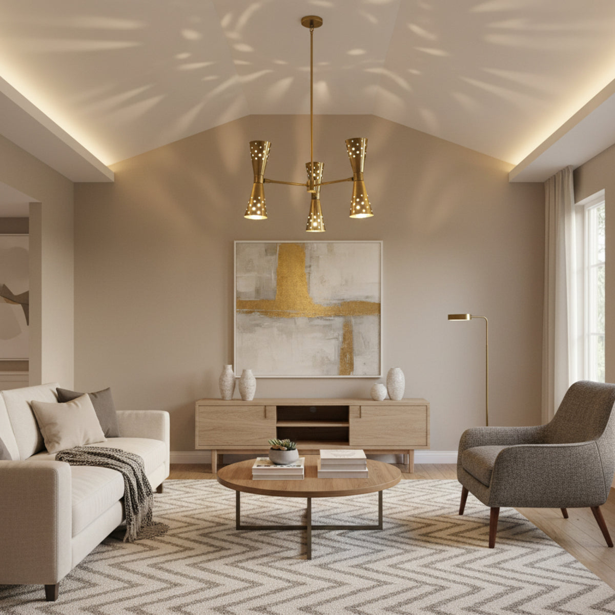 Prague 6 light aged brass perforated cone chandelier shown from the front with symmetrical double cone shades.