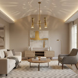 Prague 6 light aged brass perforated cone chandelier shown from the front with symmetrical double cone shades.