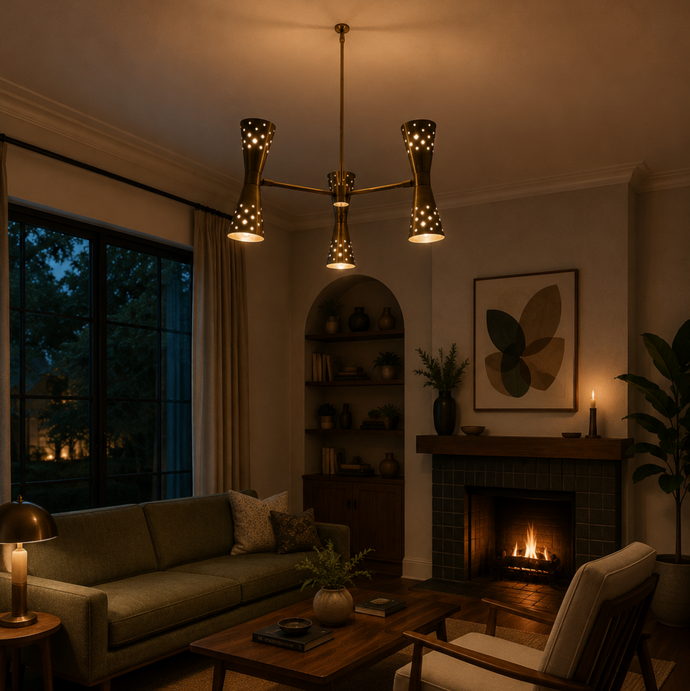 Prague 6 light aged brass perforated cone chandelier illuminated in a warm modern living room with fireplace and contemporary furniture.