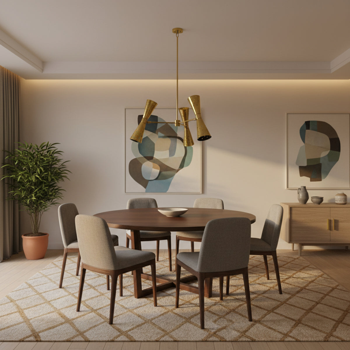 Prague 6 light perforated brass cone chandelier shown from the side highlighting its sculptural shade arrangement.